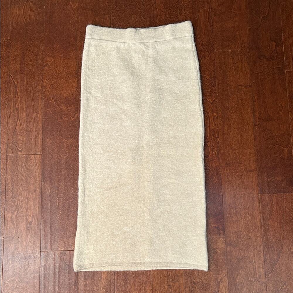 Mango Closet Staple Beige Tea Length Pencil Skirt, Wool Alpaca Blend, Size Med
